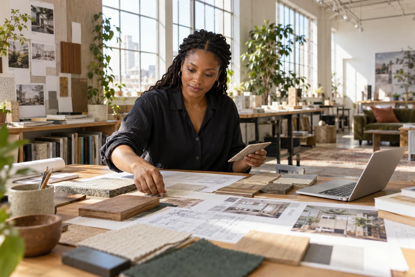 Woman reviewing drawings and materials at a bright studio desk