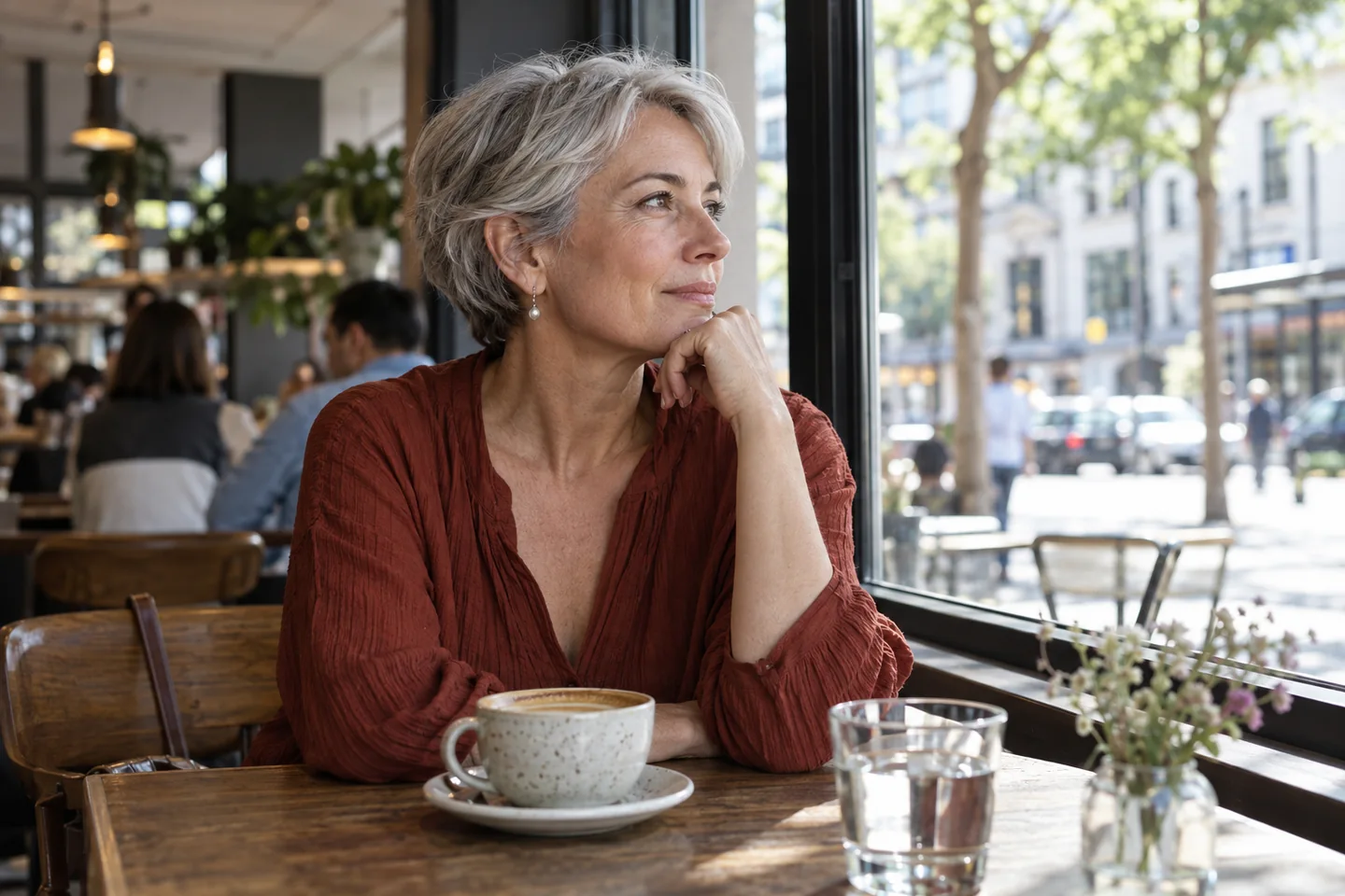 Silver-haired woman seated beside the window of a city café