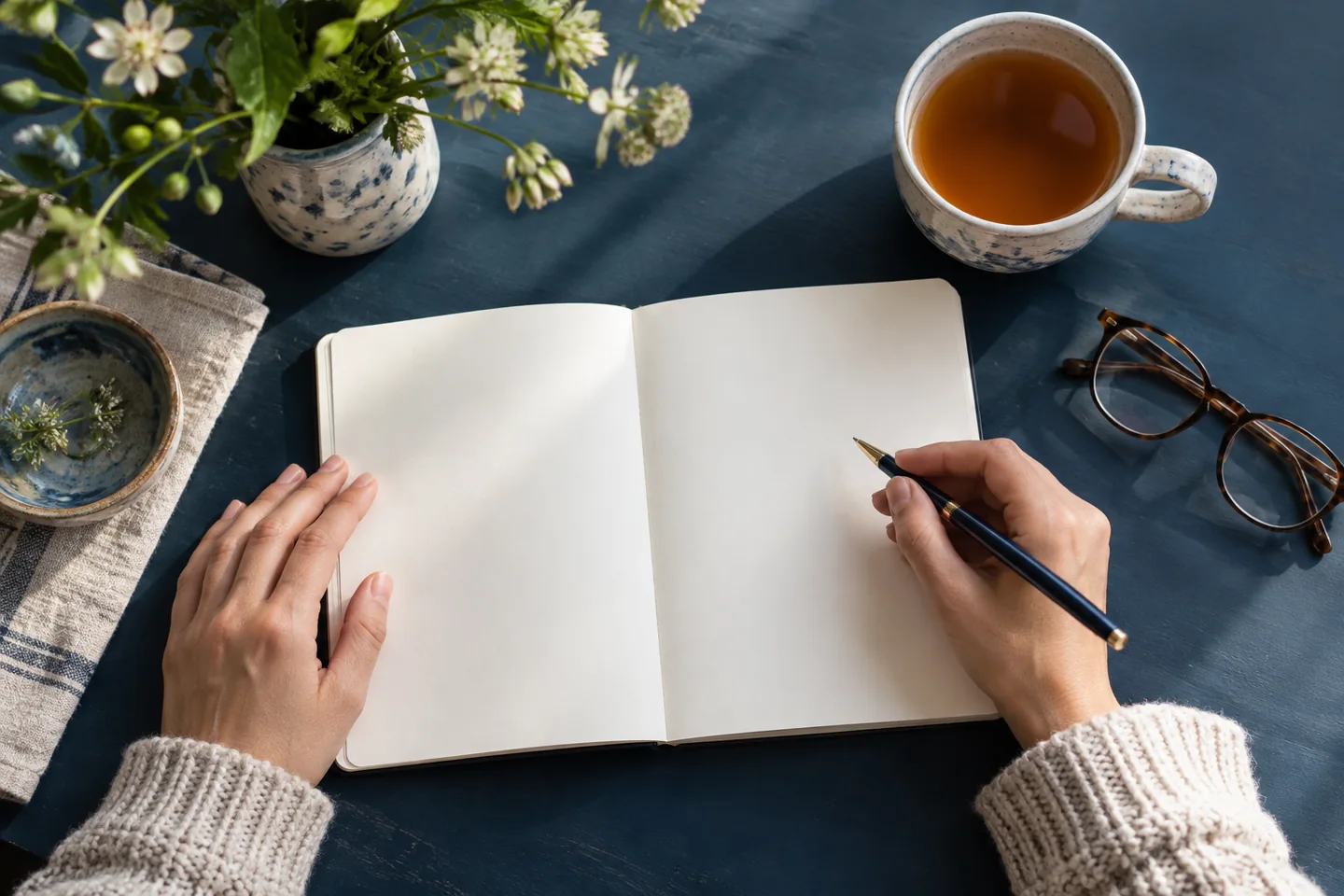 Open blank notebook, pen, tea, and glasses on a blue tabletop